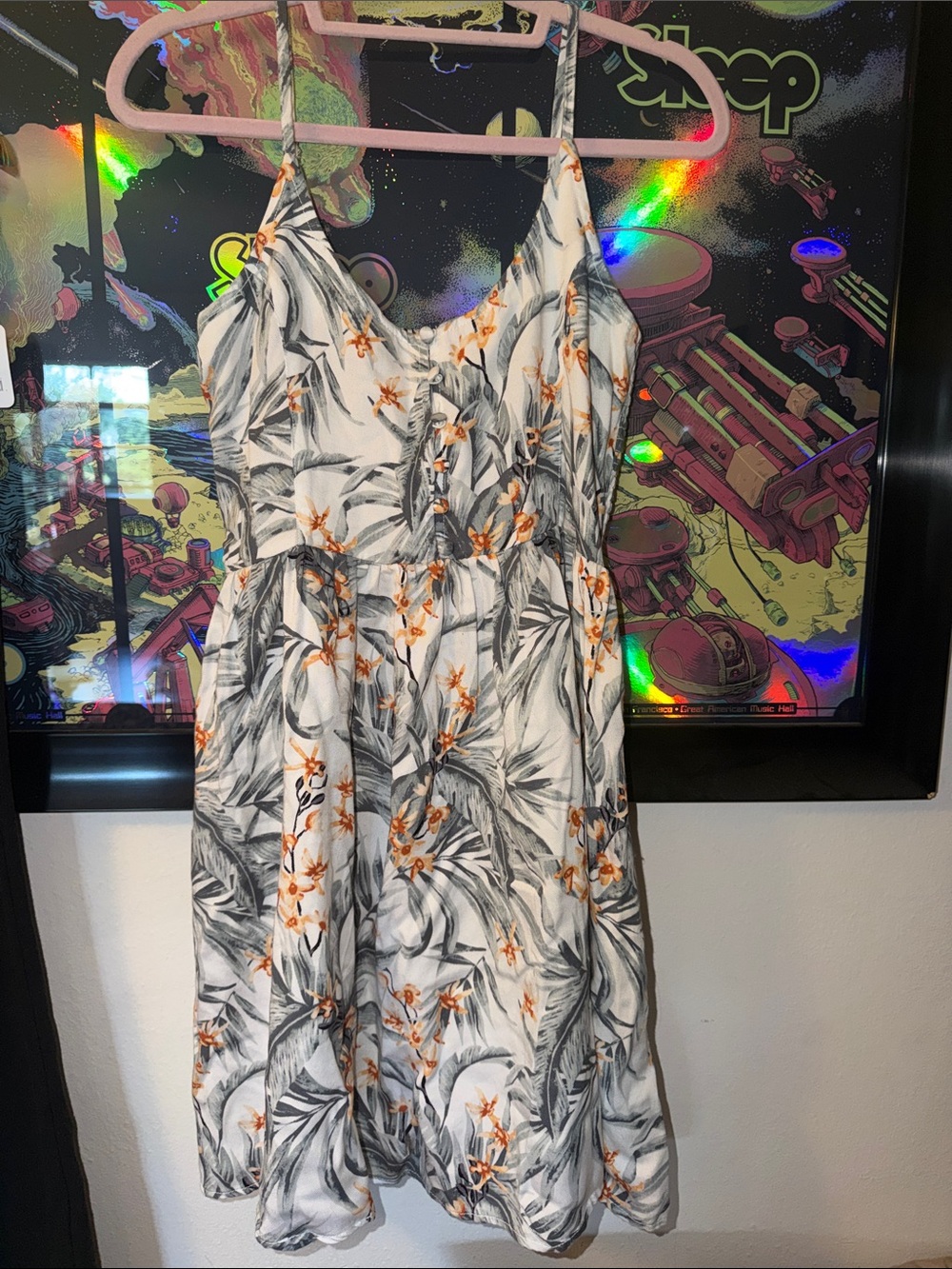 Rip Curl White Mini Dress with Gray Leaf Print and Orange Flowers